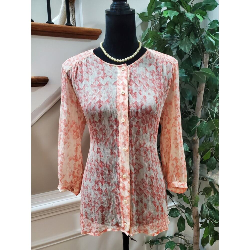CAbi Womens Pink Silk Long Sleeve Henley Neck Botton Front Casual Blouse Medium